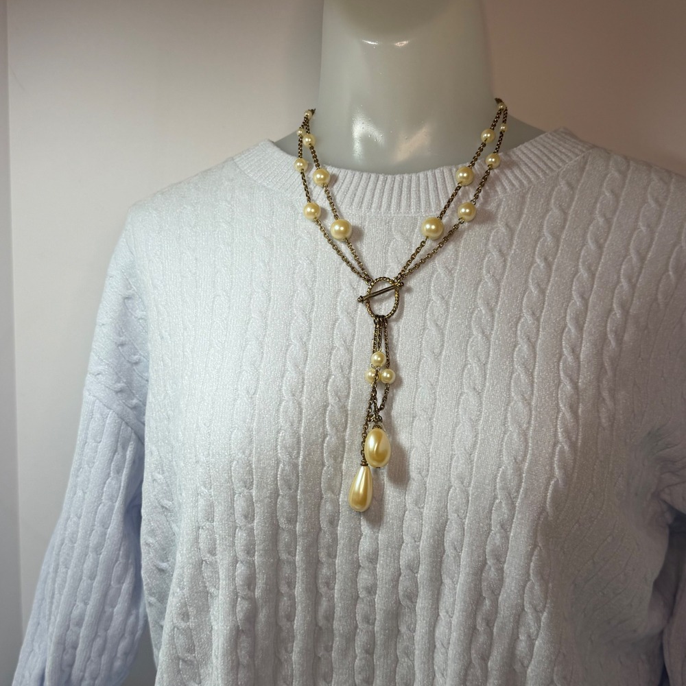 1928 Jewelry Faux Pearl Multi Strand Y Necklace Gold Tone Toggle Detail 17 Inch